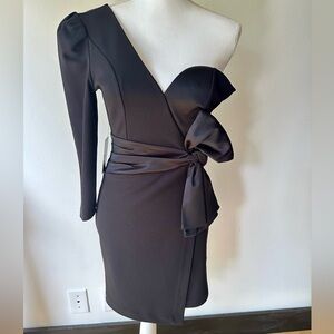 One Shoulder Black Dress with Satin Bow Detail, NWT
